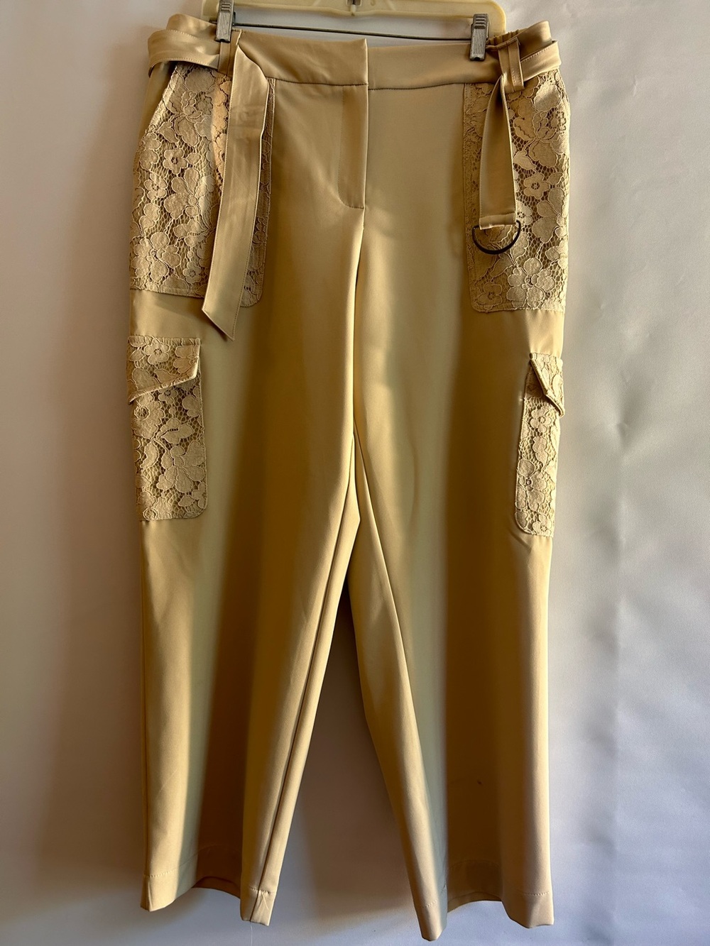 CATO COLLECTION LIMITED EDITION TAN BELTED LACE POCKETS WOMAN TROUSERS SIZE 16